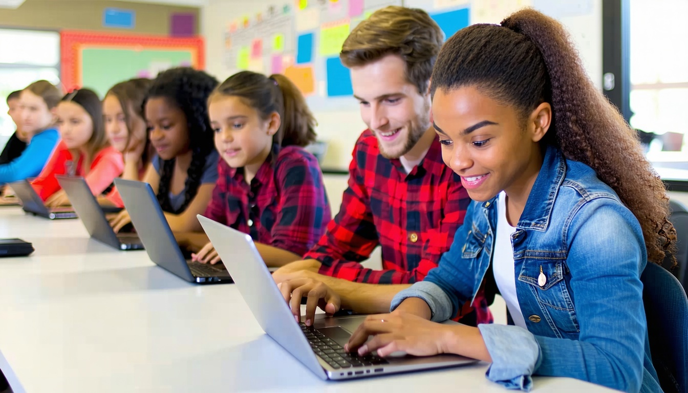 A diverse group of students using laptops and tabl