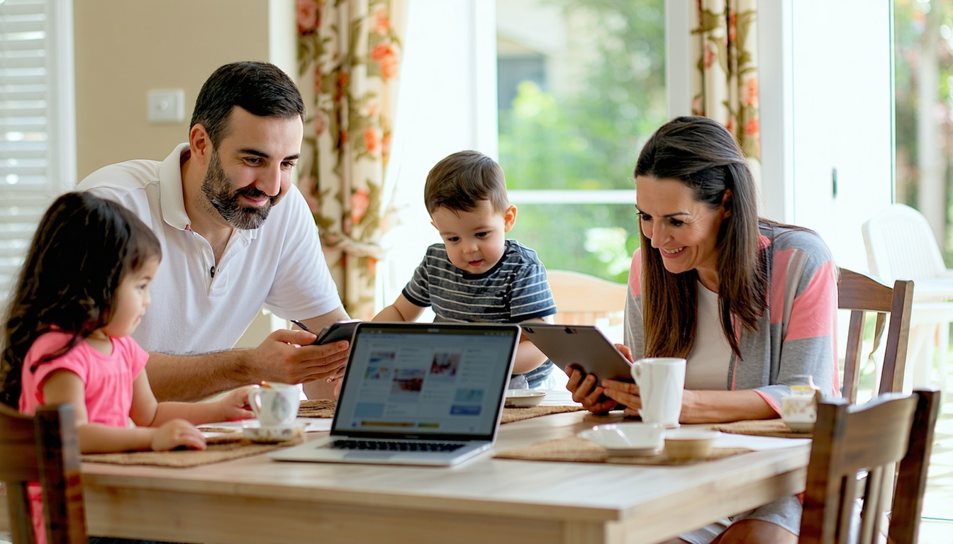 A family sitting around the dining table, each mem
