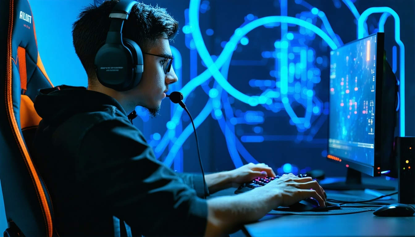 A gamer intensely focused on a high-definition scr