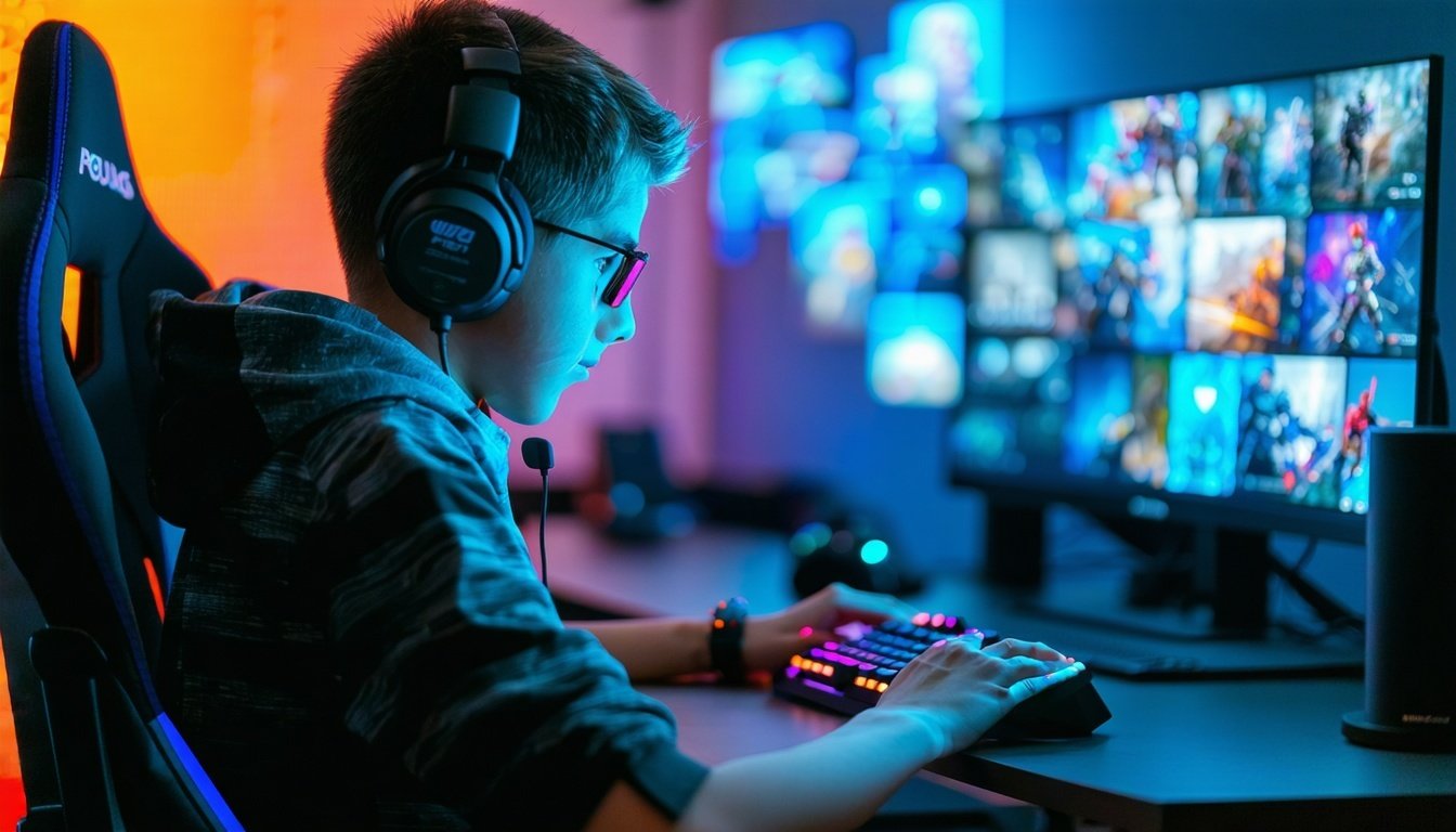 A gamer intensely focused on a high-speed online g