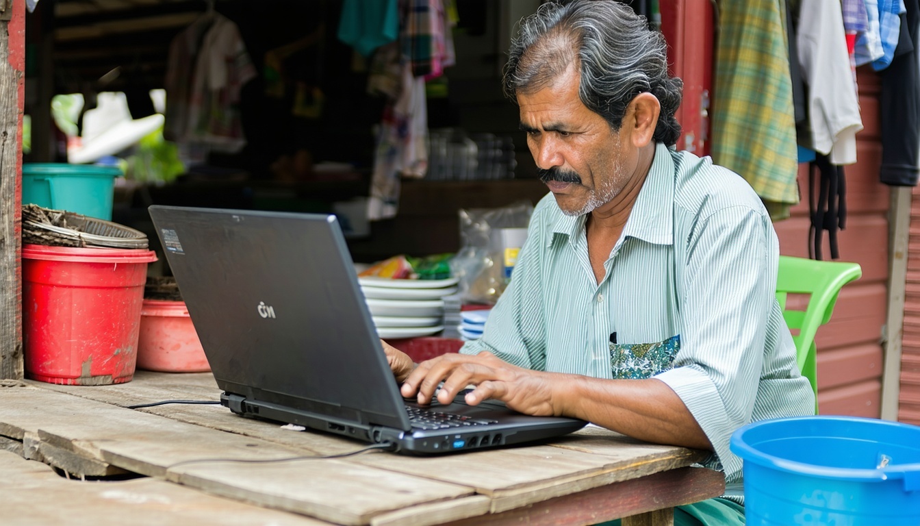 A small business owner in a rural area using a lap
